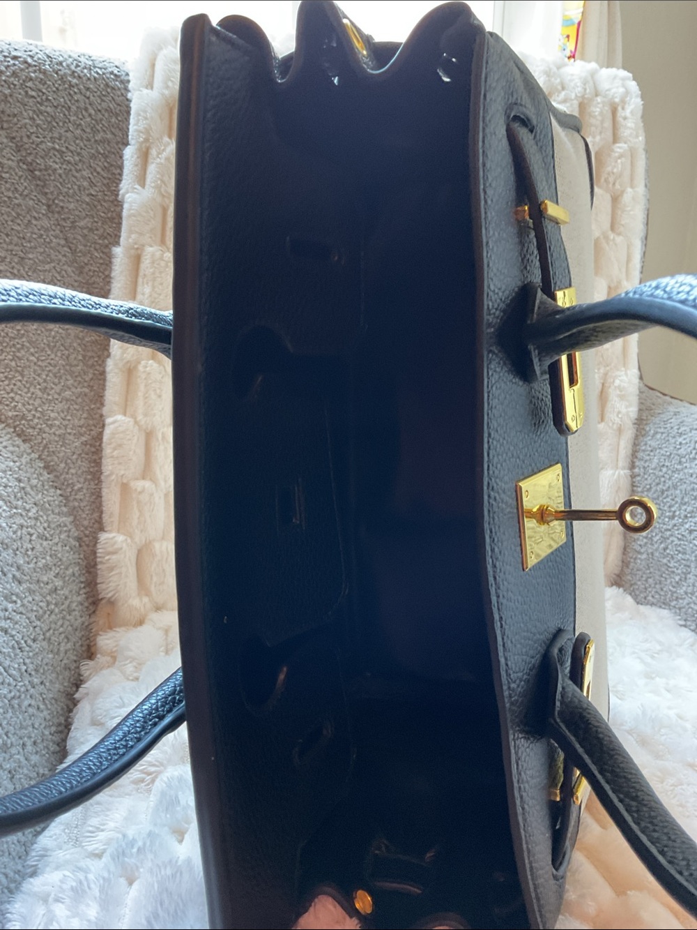 Canvas and Black Leather Top-Handle Satchel with Gold Hardware - Picture 6 of 9